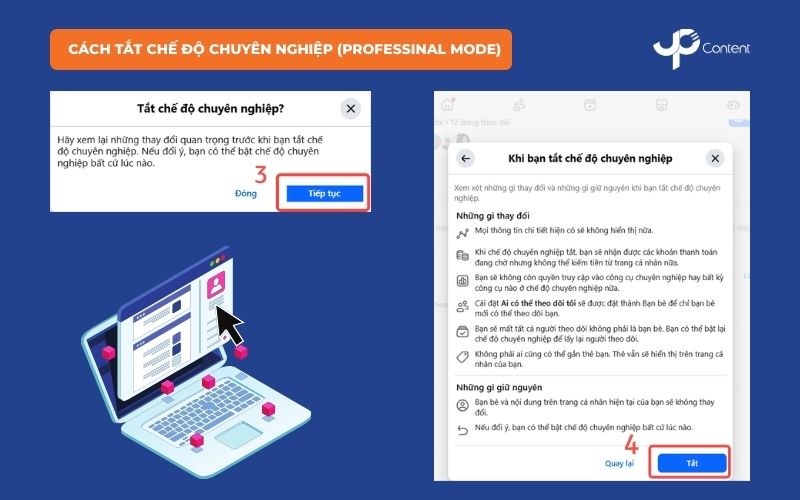 Cách tắt chế độ chuyển trang cá nhân thành fanpage bước 3, 4