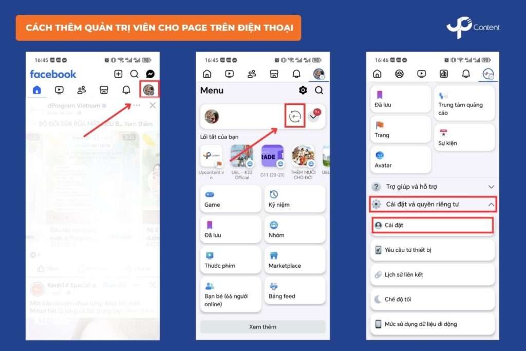 cách thêm quản trị viên cho page trên điện thoại bước 1, 2