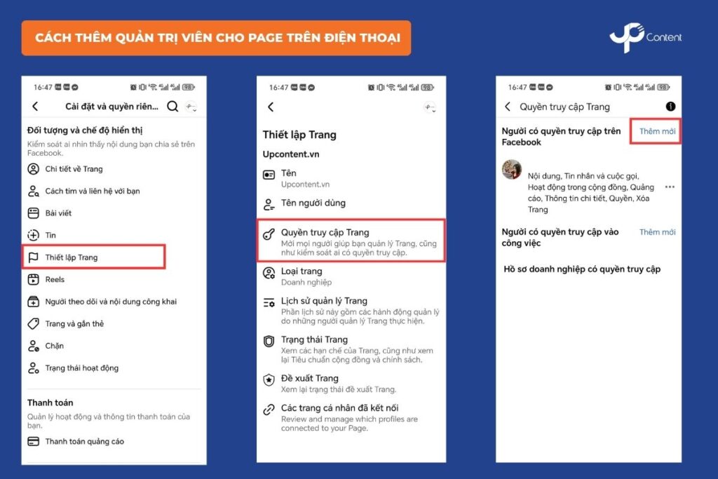 cách thêm quản trị viên cho page trên điện thoại bước 3, 4