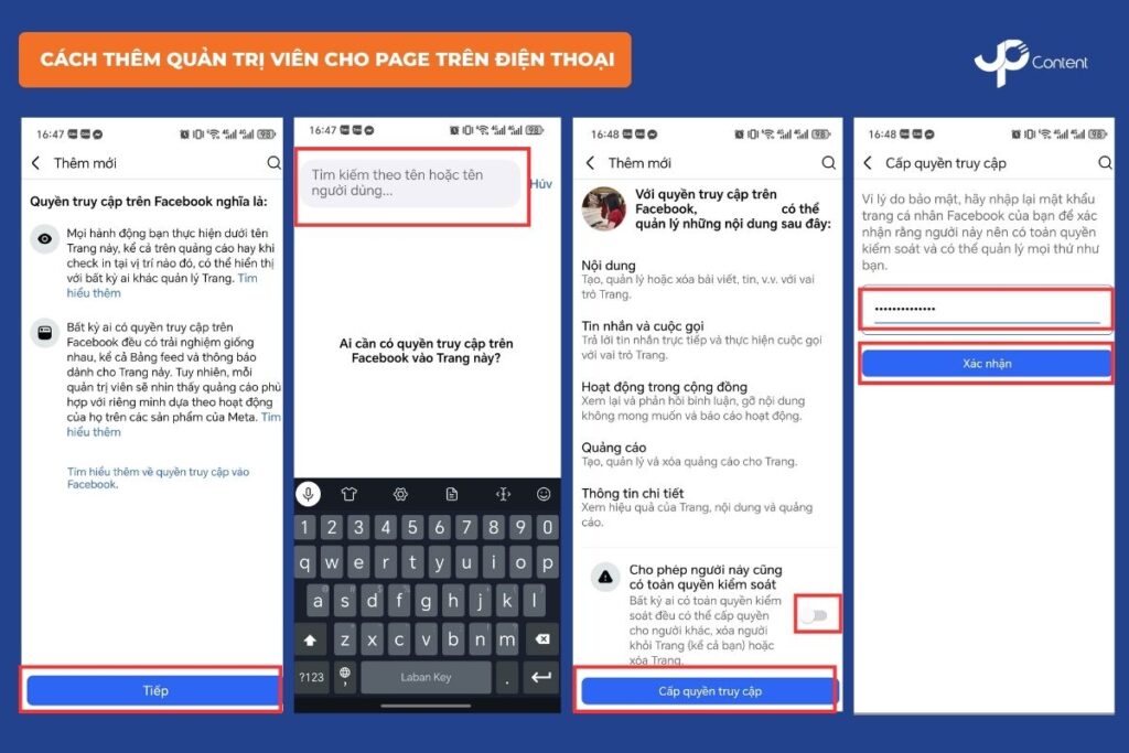 cách thêm quản trị viên cho page trên điện thoại bước 5, 6