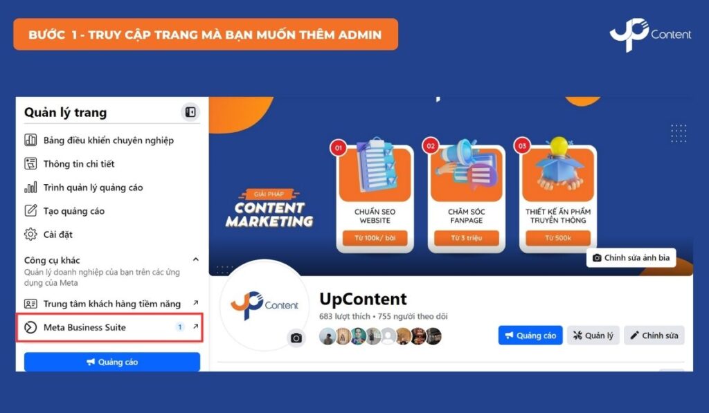 cách thêm quản trị viên cho page trên meta business suite bước 1