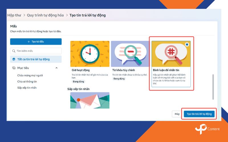 Cài đặt tin nhắn trả lời tự động trên fanpage khi có bình luận cụ thể bước 3
