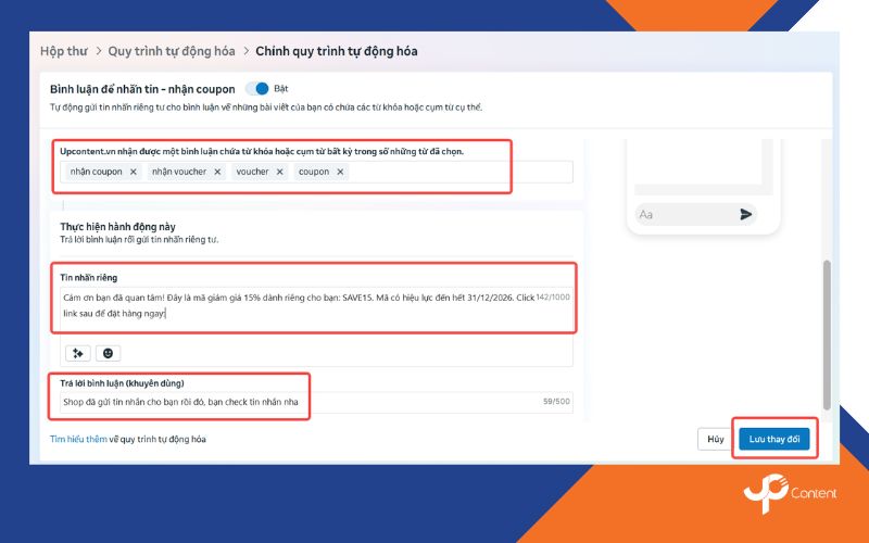 Cài đặt tin nhắn trả lời tự động trên fanpage khi có bình luận cụ thể bước 5