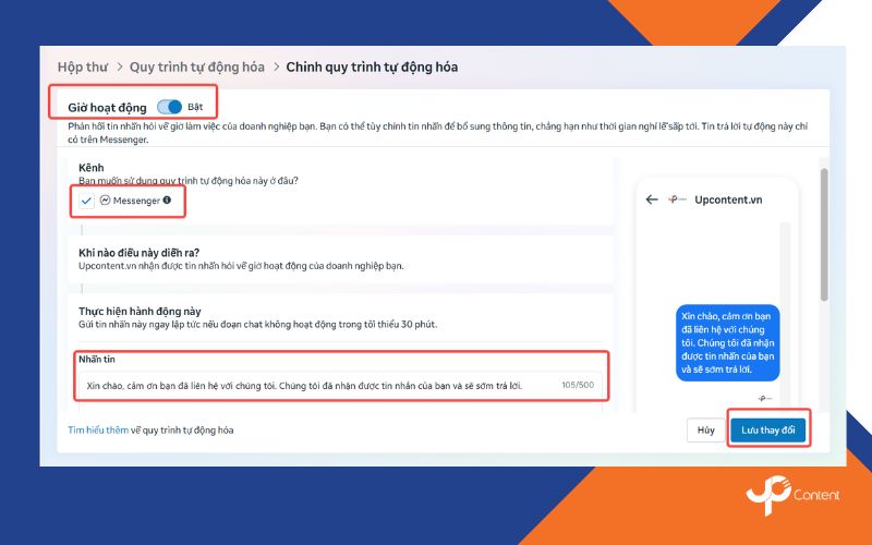 Cài đặt tin nhắn trả lời tự động trên fanpage về giờ mở cửa bước 5