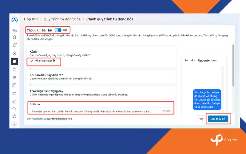 Cài đặt tin nhắn trả lời tự động trên fanpage về thông tin liên hệ bước 5