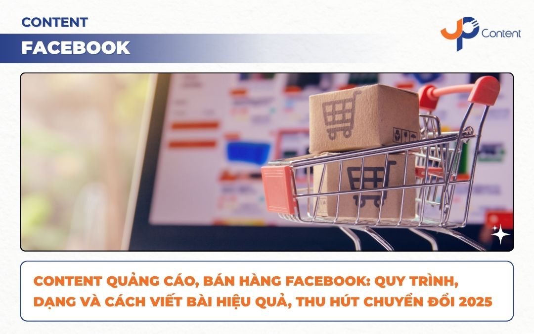 Content quảng cáo bán hàng trên Facebook với hình ảnh giỏ hàng mini đặt trên nền website bán hàng trực tuyến.