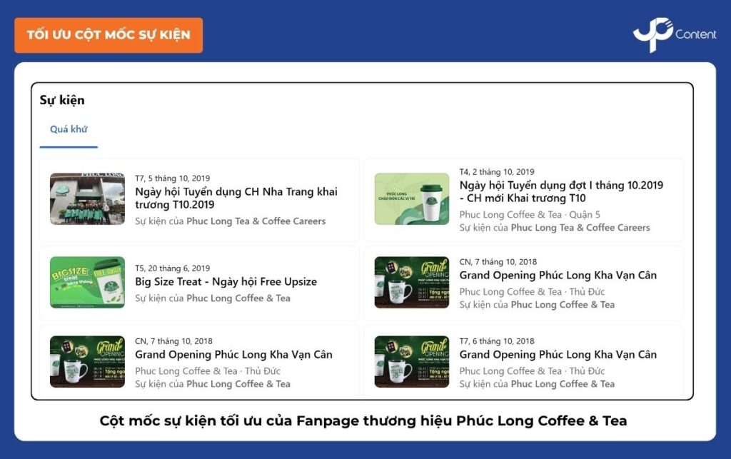 Các cột mốc sự kiện đã tối ưu trên Fanpage Phuc Long Coffee & Tea, đóng góp vào việc tối ưu fanpage chuẩn SEO.