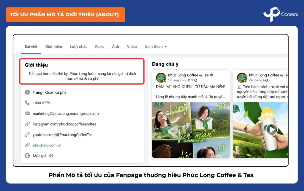 Giao diện Fanpage Phuc Long Coffee & Tea với phần mô tả giới thiệu đã tối ưu chuẩn SEO.
