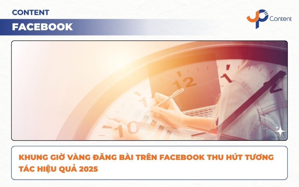 Người viết bài trước đồng hồ lớn biểu tượng cho việc chọn khung giờ vàng đăng bài Facebook năm 2025.