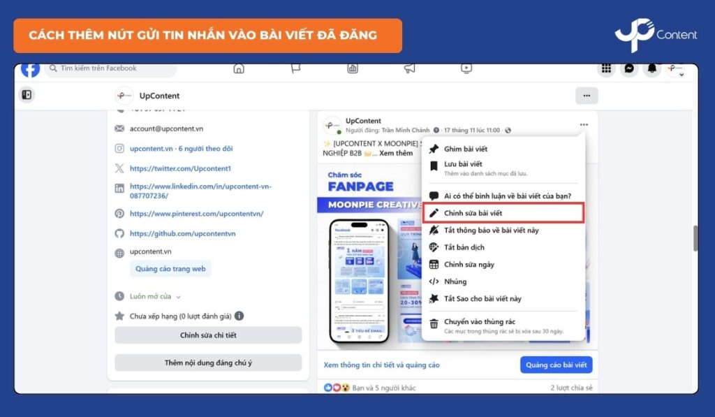 Cách thêm nút gửi tin nhắn vào bài viết đã đăng - Bước 2