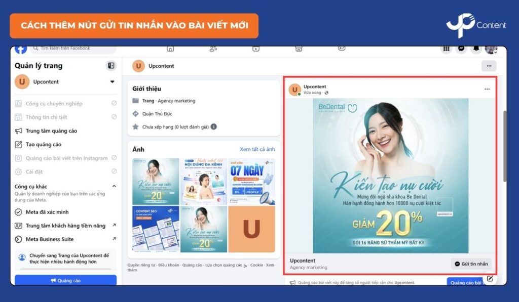 Kết quả sau khi đã thêm nút gửi tin nhắn vào bài viết mới