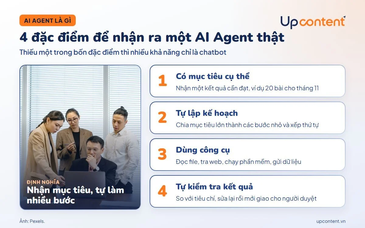 4 đặc điểm để nhận ra AI Agent: có mục tiêu, tự lập kế hoạch, dùng công cụ, tự kiểm tra 4 đặc điểm để nhận ra AI Agent: có mục tiêu, tự lập kế hoạch, dùng công cụ, tự kiểm tra