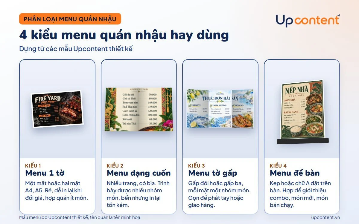 4 kiểu menu quán nhậu: menu 1 tờ, dạng cuốn, tờ gấp và để bàn, dựng từ mẫu Upcontent 4 kiểu menu quán nhậu: menu 1 tờ, dạng cuốn, tờ gấp và để bàn, dựng từ mẫu Upcontent