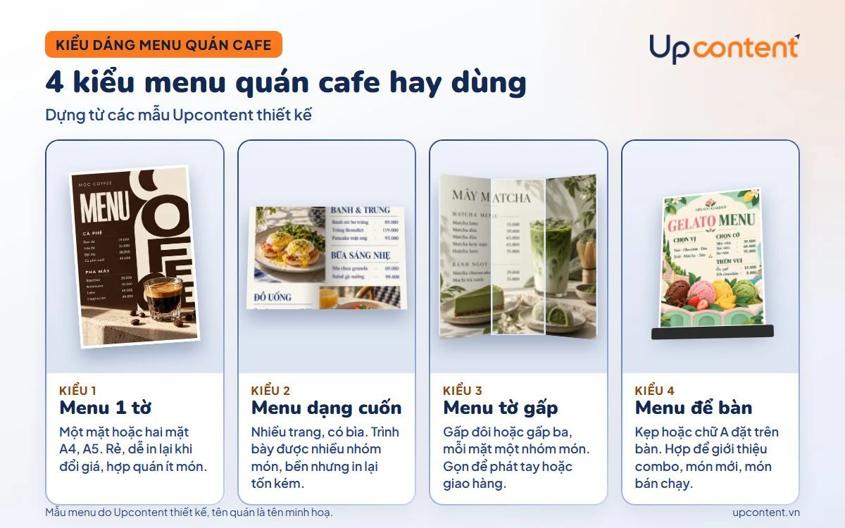 4 kiểu dáng menu quán cafe: 1 tờ, dạng quyển, tờ gấp và để bàn, dựng từ mẫu Upcontent 4 kiểu dáng menu quán cafe: 1 tờ, dạng quyển, tờ gấp và để bàn, dựng từ mẫu Upcontent