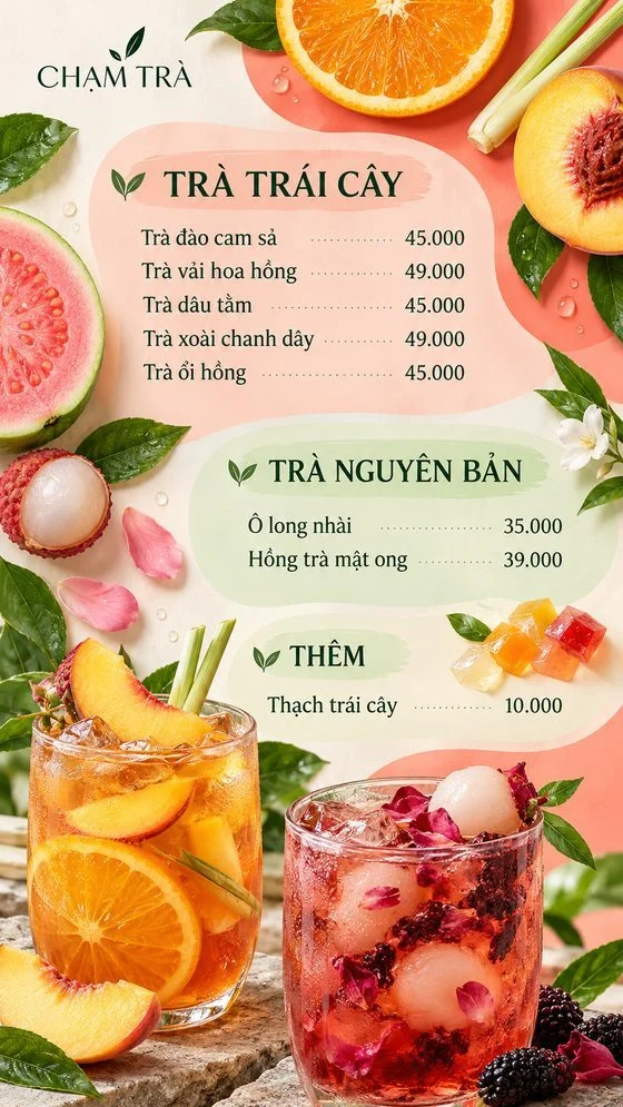 Mẫu menu trà trái cây Chạm Trà dạng dọc treo quầy, do Upcontent thiết kế