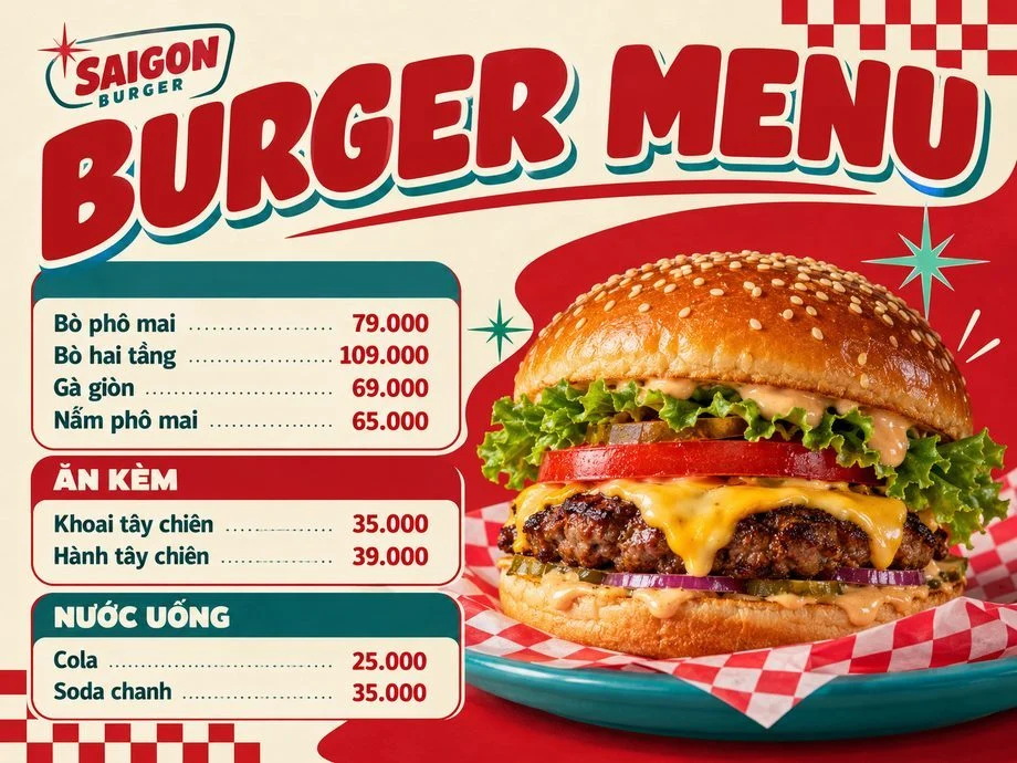 Mẫu menu đồ ăn nhanh Saigon Burger chia ba nhóm món, do Upcontent thiết kế