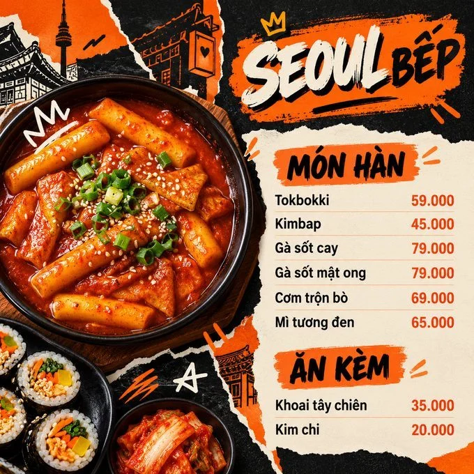 Mẫu menu quán ăn vặt món Hàn Seoul Bếp phong cách đường phố, do Upcontent thiết kế