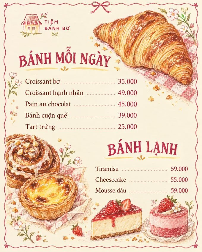 Mẫu menu tiệm bánh ăn vặt vẽ tay màu nước Tiệm Bánh Bơ, do Upcontent thiết kế