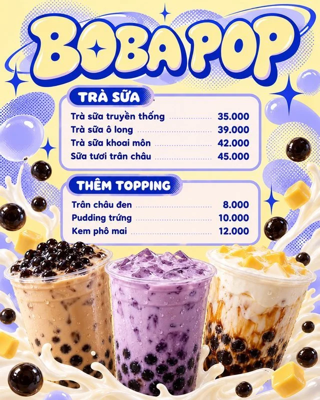 Mẫu menu quán trà sữa trẻ trung Boba Pop có ô topping riêng, do Upcontent thiết kế Mẫu menu quán trà sữa trẻ trung Boba Pop có ô topping riêng, do Upcontent thiết kế