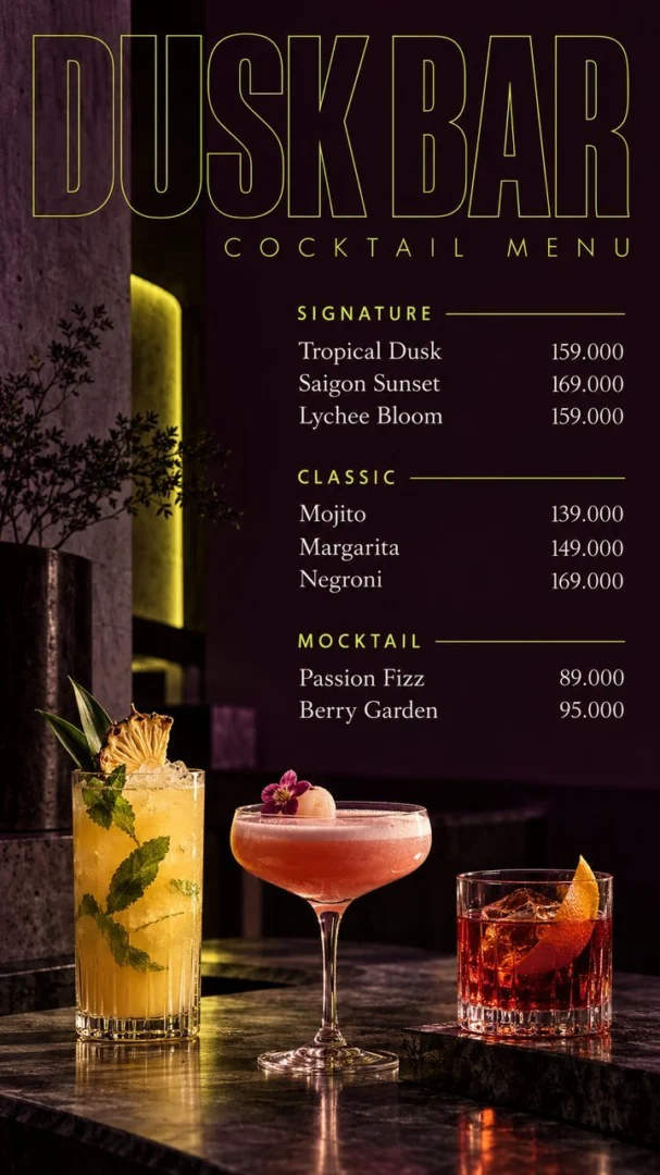 Mẫu menu quán cafe bar sang trọng nền tối Dusk Bar, do Upcontent thiết kế Mẫu menu quán cafe bar sang trọng nền tối Dusk Bar, do Upcontent thiết kế