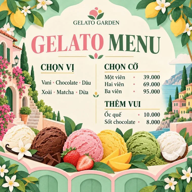 Mẫu menu quán cafe kem dễ thương tông pastel Gelato Garden, do Upcontent thiết kế Mẫu menu quán cafe kem dễ thương tông pastel Gelato Garden, do Upcontent thiết kế