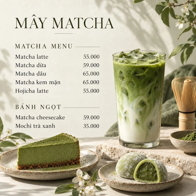 Mẫu menu quán cafe matcha tối giản kiểu Nhật Mây Matcha, do Upcontent thiết kế Mẫu menu quán cafe matcha tối giản kiểu Nhật Mây Matcha, do Upcontent thiết kế
