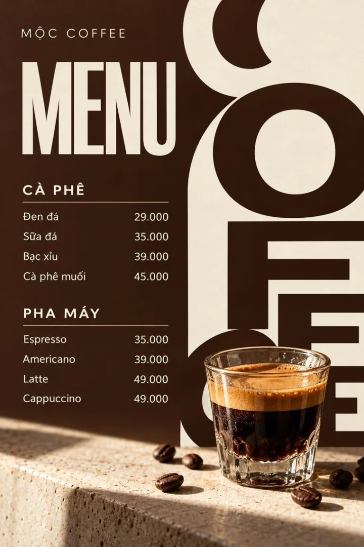 Mẫu menu quán cafe tối giản Mộc Coffee nền nâu đen chữ lớn, do Upcontent thiết kế Mẫu menu quán cafe tối giản Mộc Coffee nền nâu đen chữ lớn, do Upcontent thiết kế