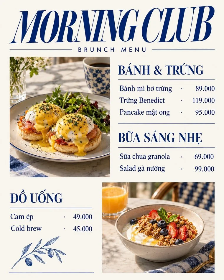Mẫu menu quán cafe brunch phong cách Châu Âu Morning Club, do Upcontent thiết kế Mẫu menu quán cafe brunch phong cách Châu Âu Morning Club, do Upcontent thiết kế