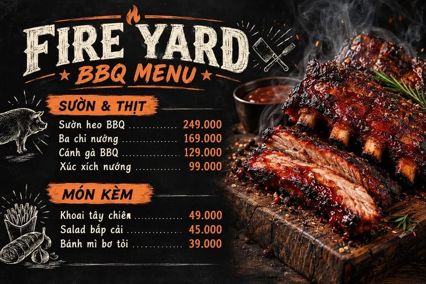Mẫu menu quán nhậu đồ nướng Fire Yard BBQ nền tối, do Upcontent thiết kế Mẫu menu quán nhậu đồ nướng Fire Yard BBQ nền tối, do Upcontent thiết kế
