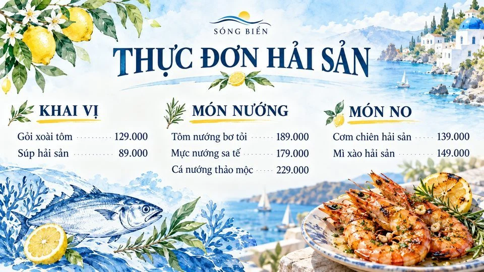 Mẫu menu quán nhậu hải sản Sóng Biển chia ba cột theo nhịp bữa nhậu, do Upcontent thiết kế Mẫu menu quán nhậu hải sản Sóng Biển chia ba cột theo nhịp bữa nhậu, do Upcontent thiết kế