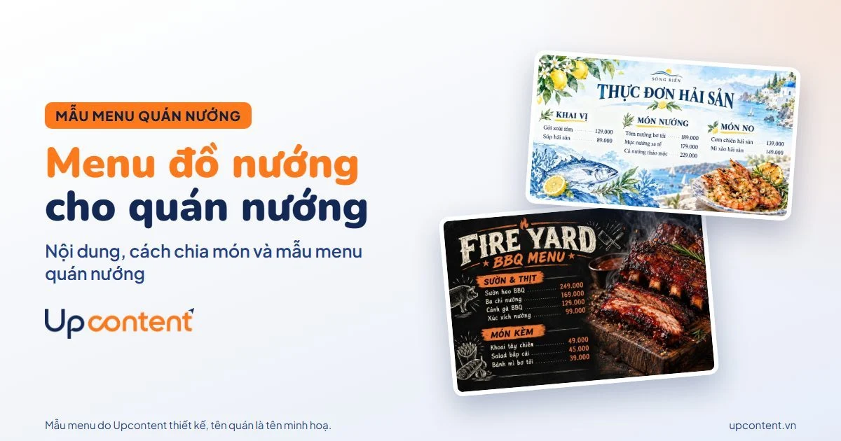 Menu đồ nướng cho quán nướng, mẫu Fire Yard BBQ và Sóng Biển do Upcontent thiết kế