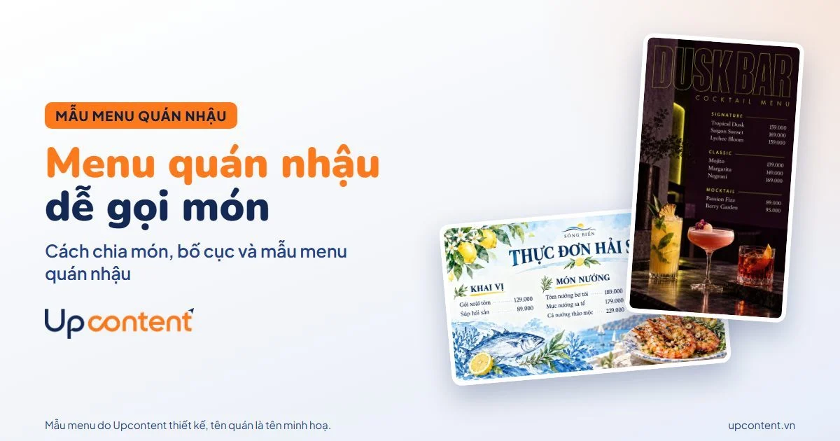 Menu quán nhậu, mẫu Sóng Biển và Dusk Bar do Upcontent thiết kế